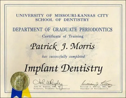 Implant Dentistry certification for Dr. Patrick Morris